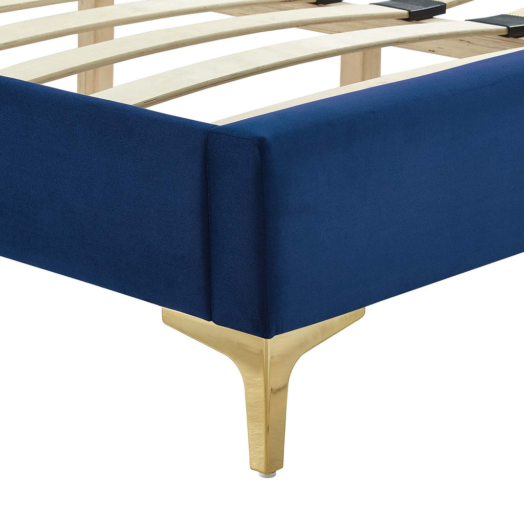 Leah Chevron Tufted Performance Velvet Platform Bed With Gold Metal Legs
