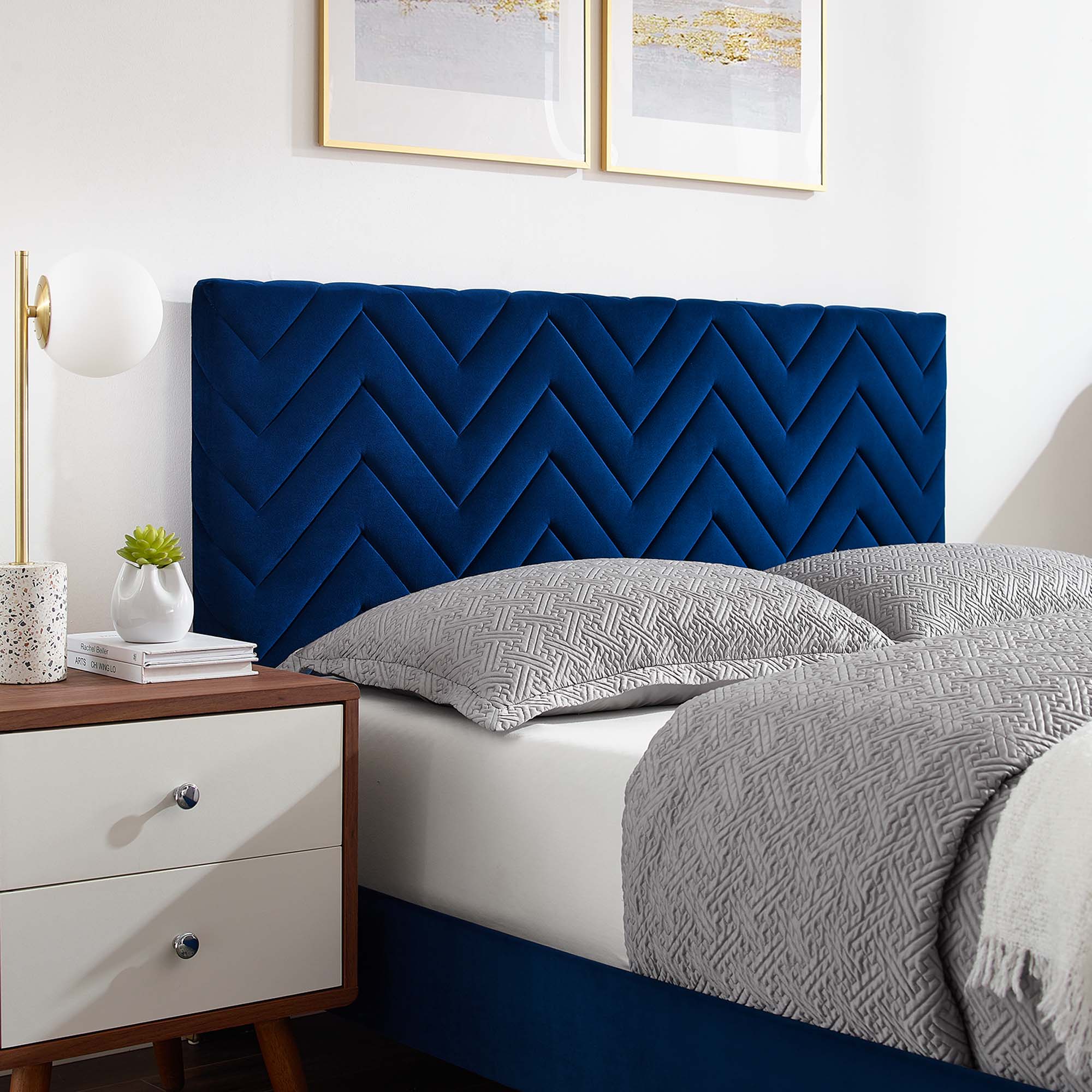 Leah Chevron Tufted Performance Velvet Platform Bed With Gold Metal Legs