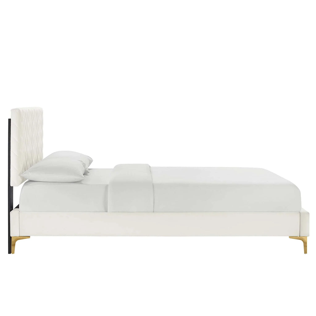 Leah Chevron Tufted Performance Velvet Platform Bed With Gold Metal Legs