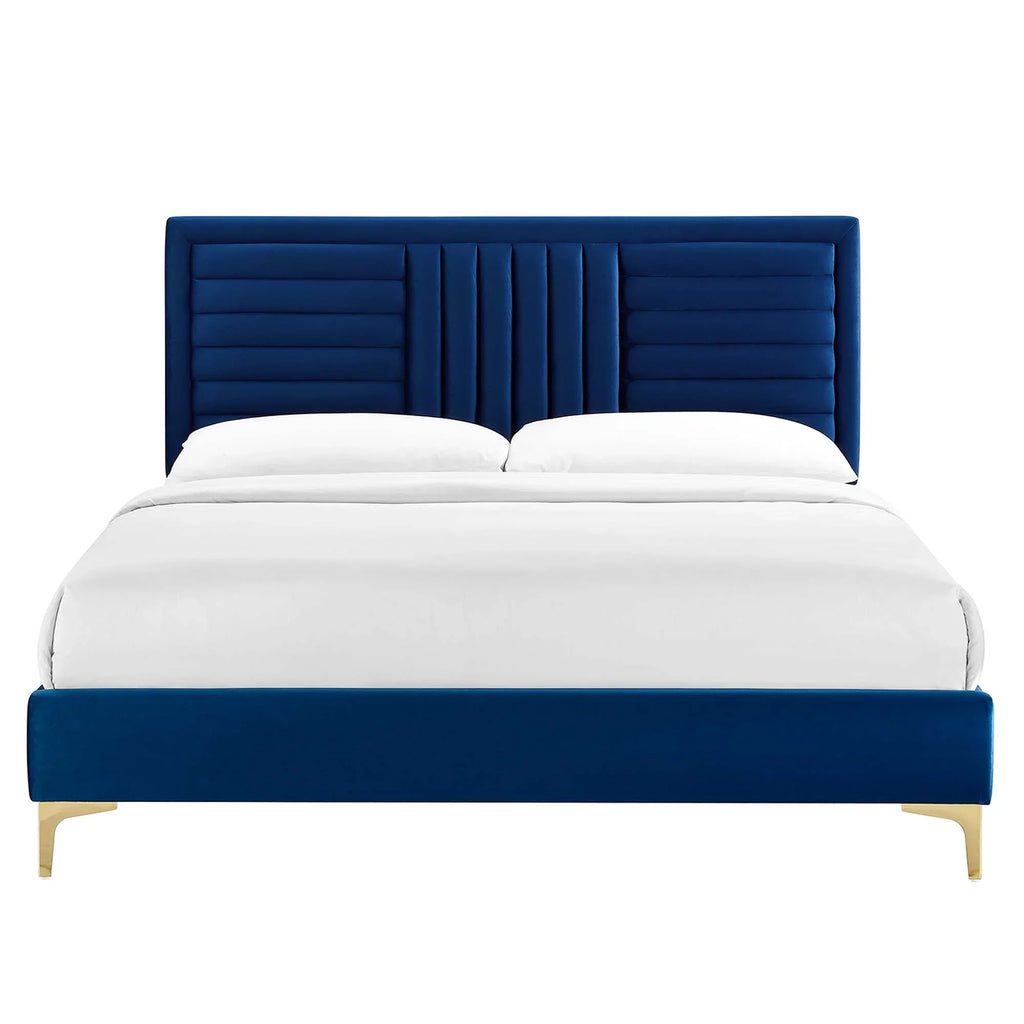 Sofia Channel Tufted Performance Velvet Platform Bed With Gold Metal Legs
