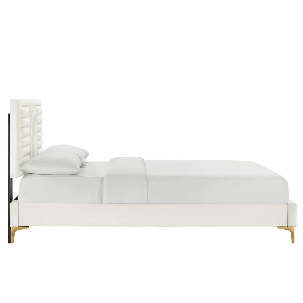 Sofia Channel Tufted Performance Velvet Platform Bed With Gold Metal Legs