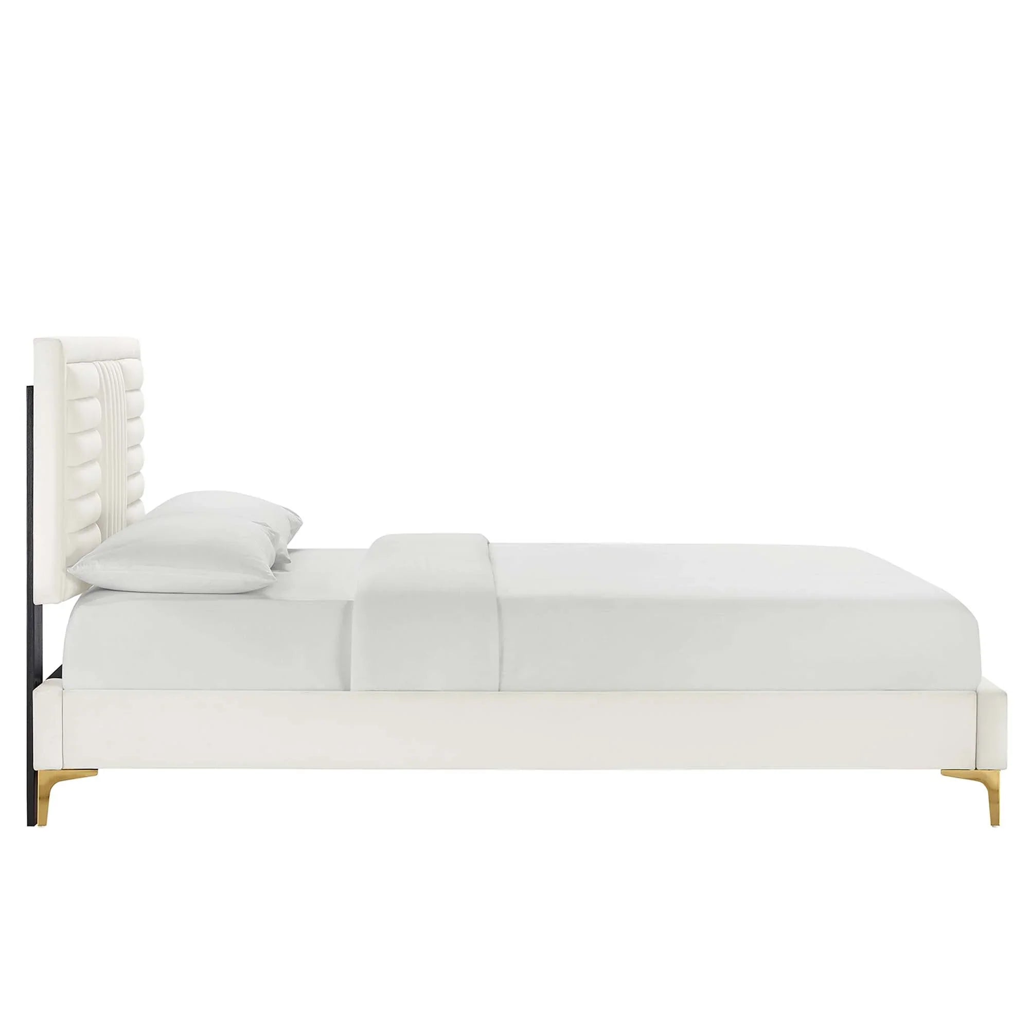 Sofia Channel Tufted Performance Velvet Platform Bed With Gold Metal Legs