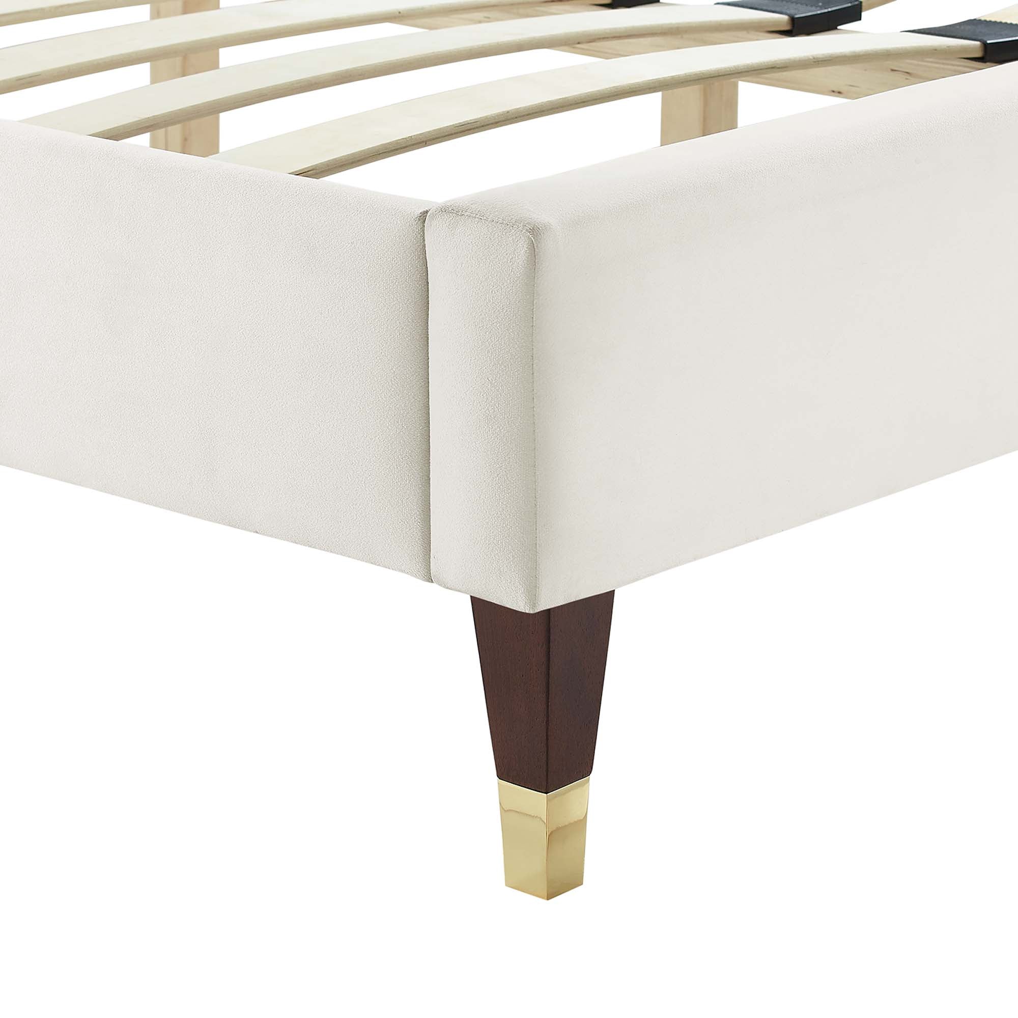 Leah Chevron Tufted Performance Velvet Platform Bed With Wood and Gold Legs