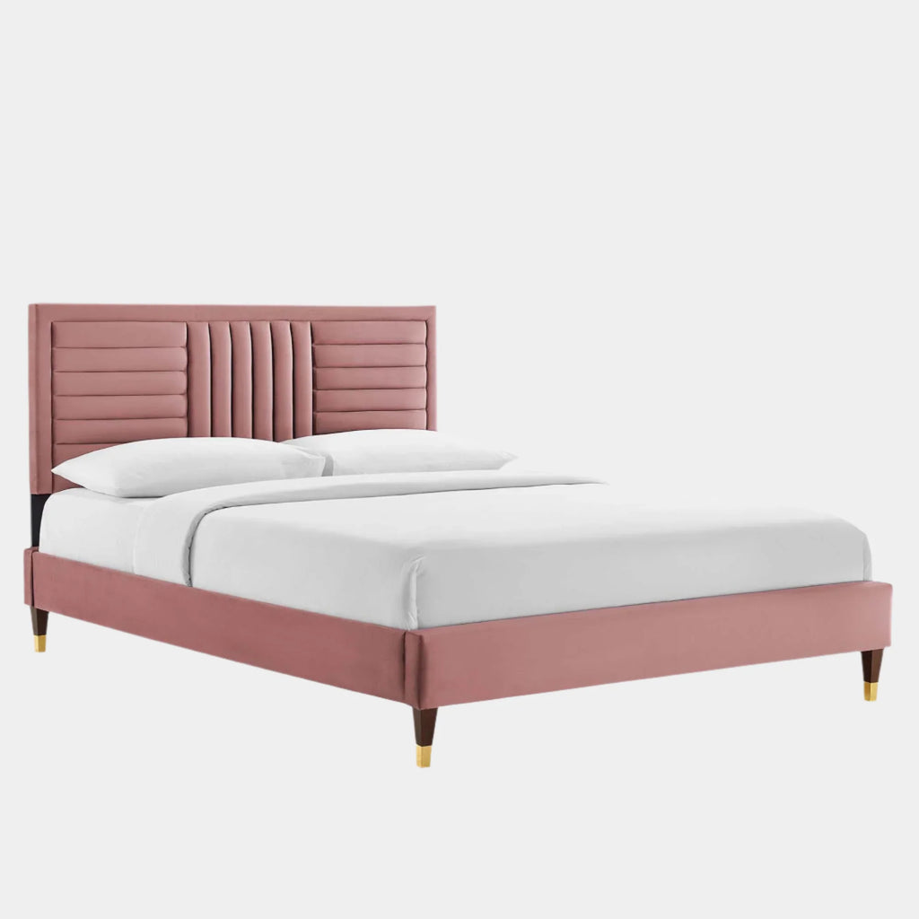Sofia Channel Tufted Performance Velvet Platform Bed With Wood and Gold Legs