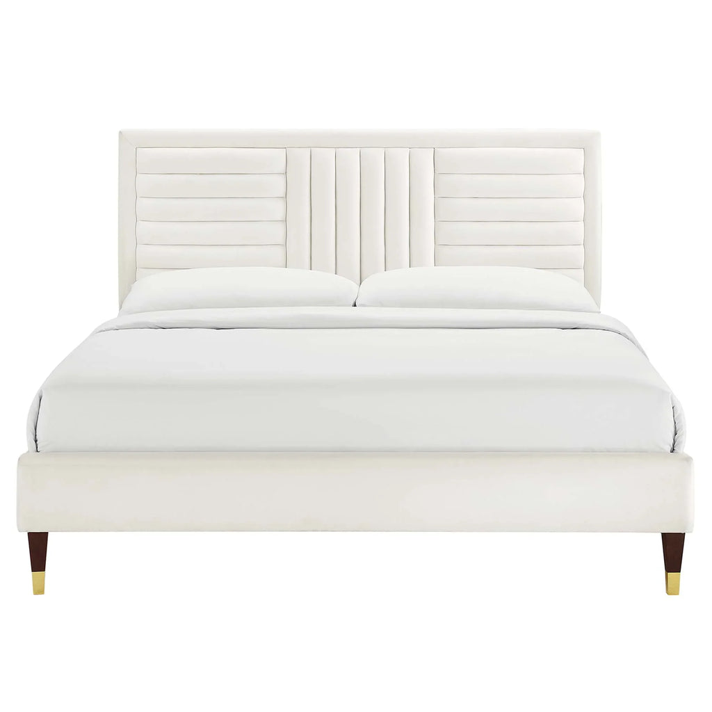 Sofia Channel Tufted Performance Velvet Platform Bed With Wood and Gold Legs