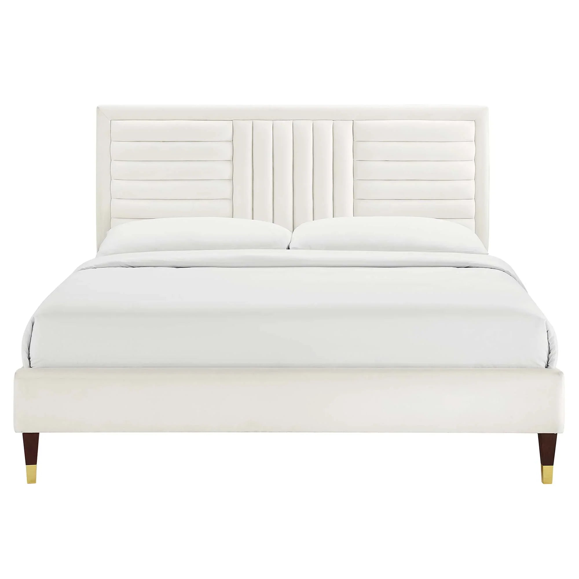 Sofia Channel Tufted Performance Velvet Platform Bed With Wood and Gold Legs