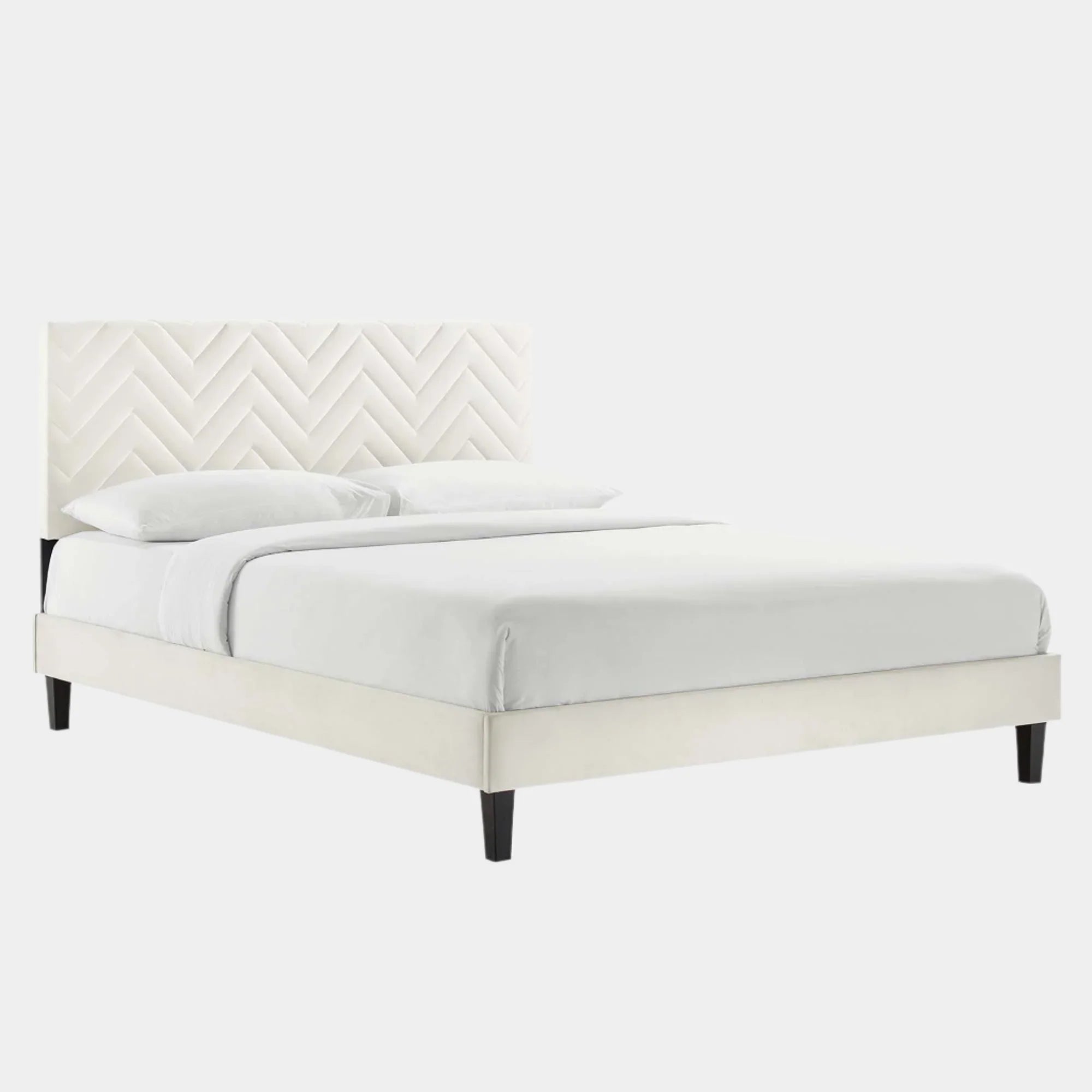 Leah Chevron Tufted Performance Velvet Platform Bed With Black Wood Legs