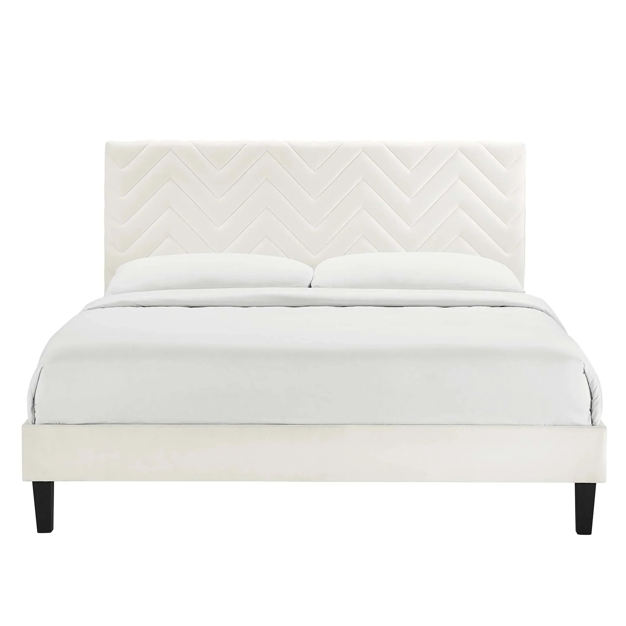 Leah Chevron Tufted Performance Velvet Platform Bed With Black Wood Legs
