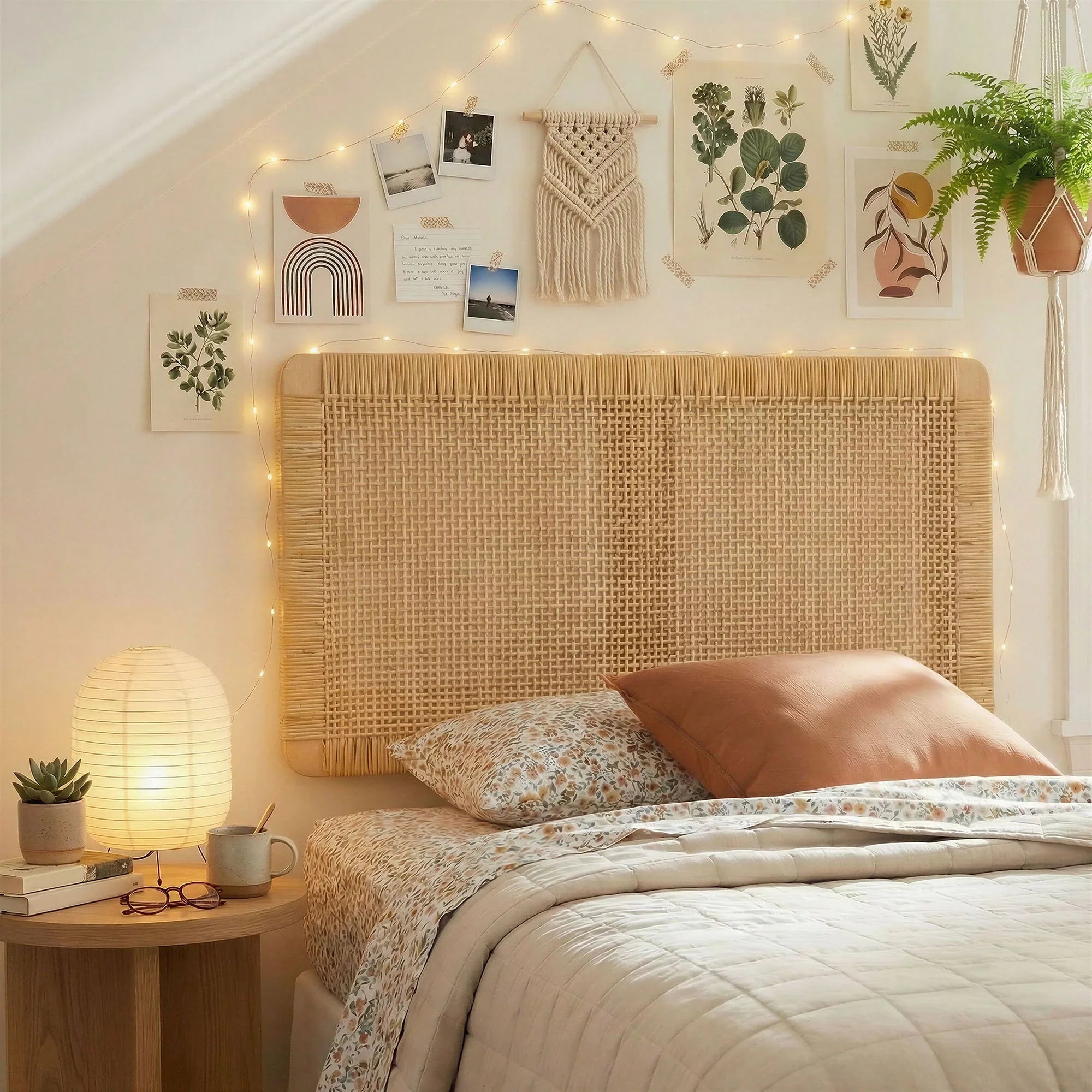 Sandy Wall Mounted Wood and Rattan Queen Size Headboard