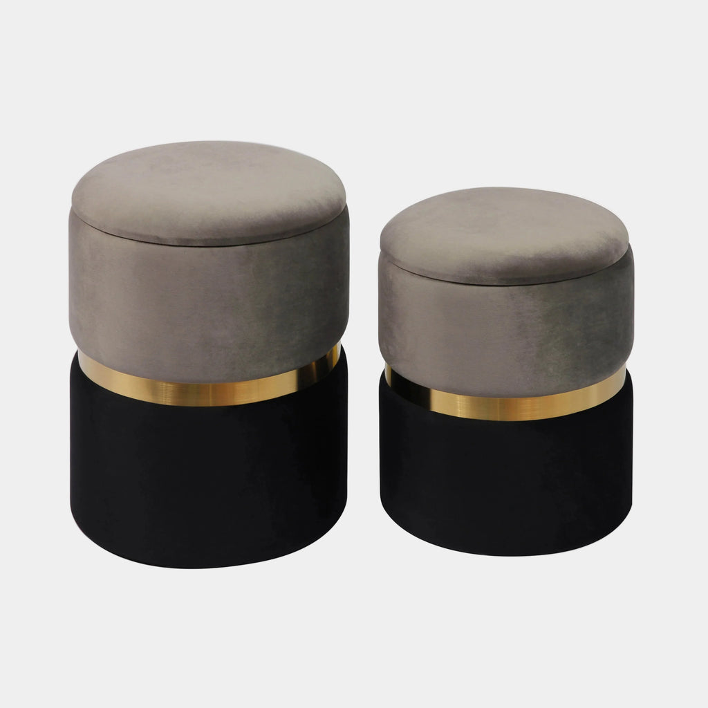 Gigi Grey and Black Performance Velvet Storage Ottomans - Set of 2