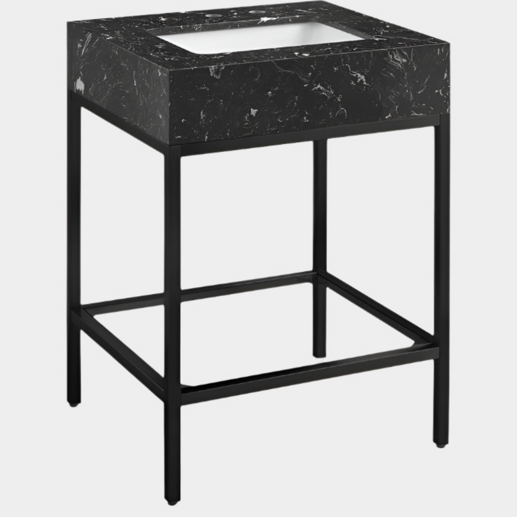 Marmo Engineered Stone Top and Matte Black Base, Steel And Glass Base Vanity