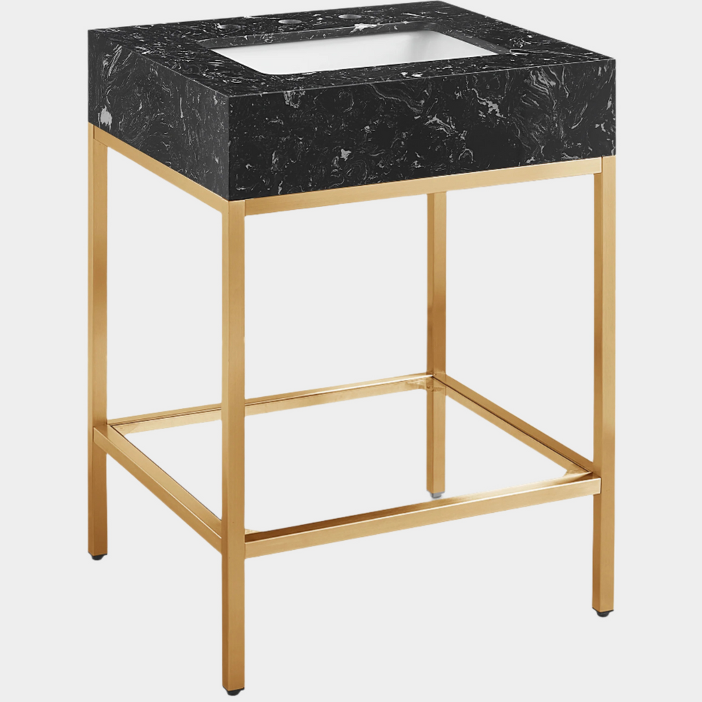 Marmo Engineered Stone Top, Brushed Gold And Glass Base Vanity