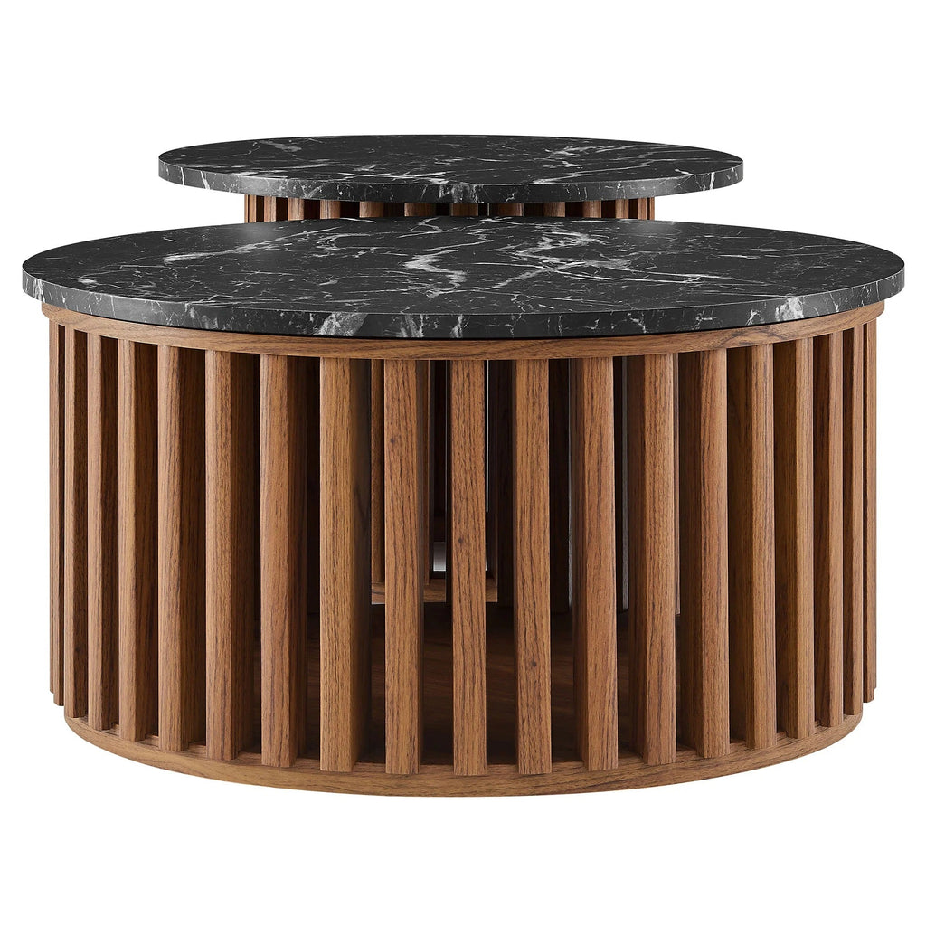Fortitude Round Faux Marble Top Nesting Coffee Table Set in Walnut Black