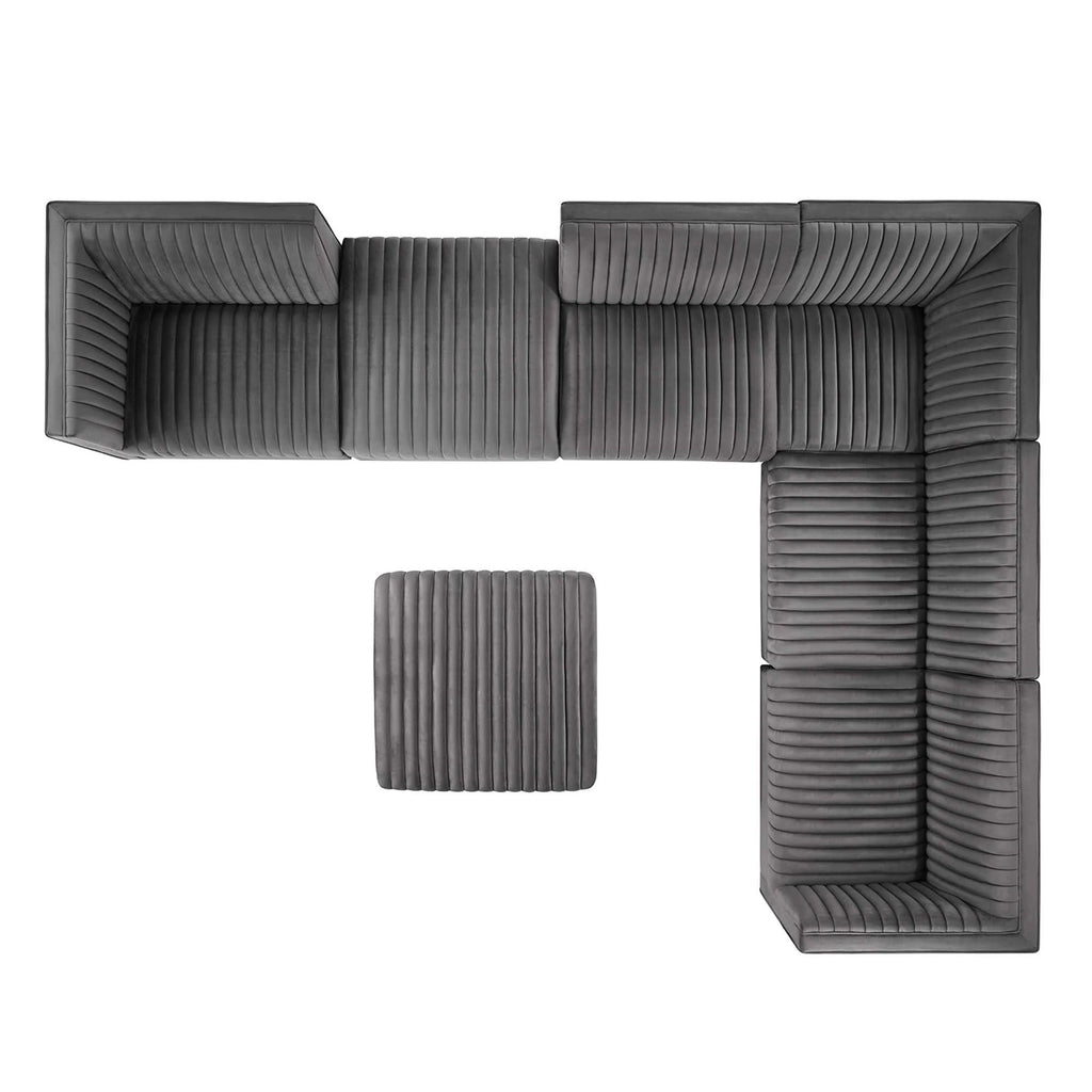 Sanguine 7-Piece Channel Tufted Performance Velvet Right-Facing Modular Sectional Sofa in Gray