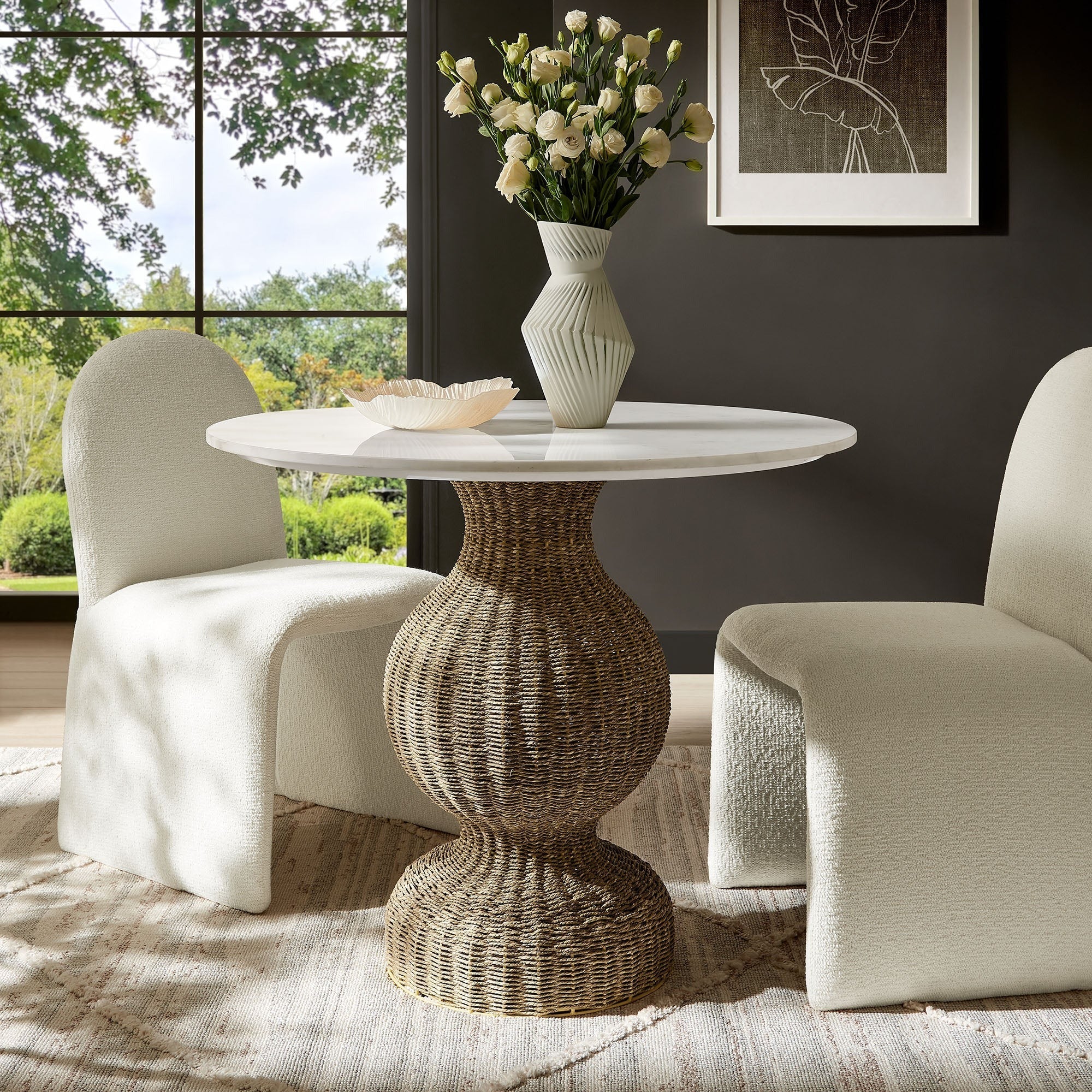 Zale 36" Marble and Seagrass Dining Table in White Natural