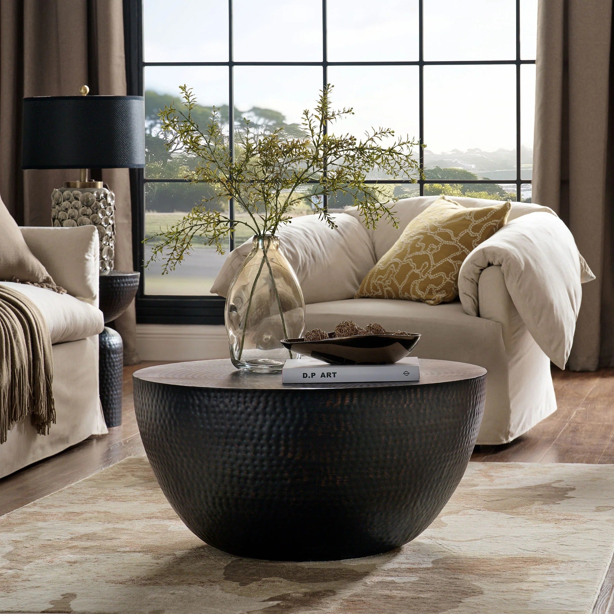 Mella 32 Inch Metal Hammered Coffee Table in Black