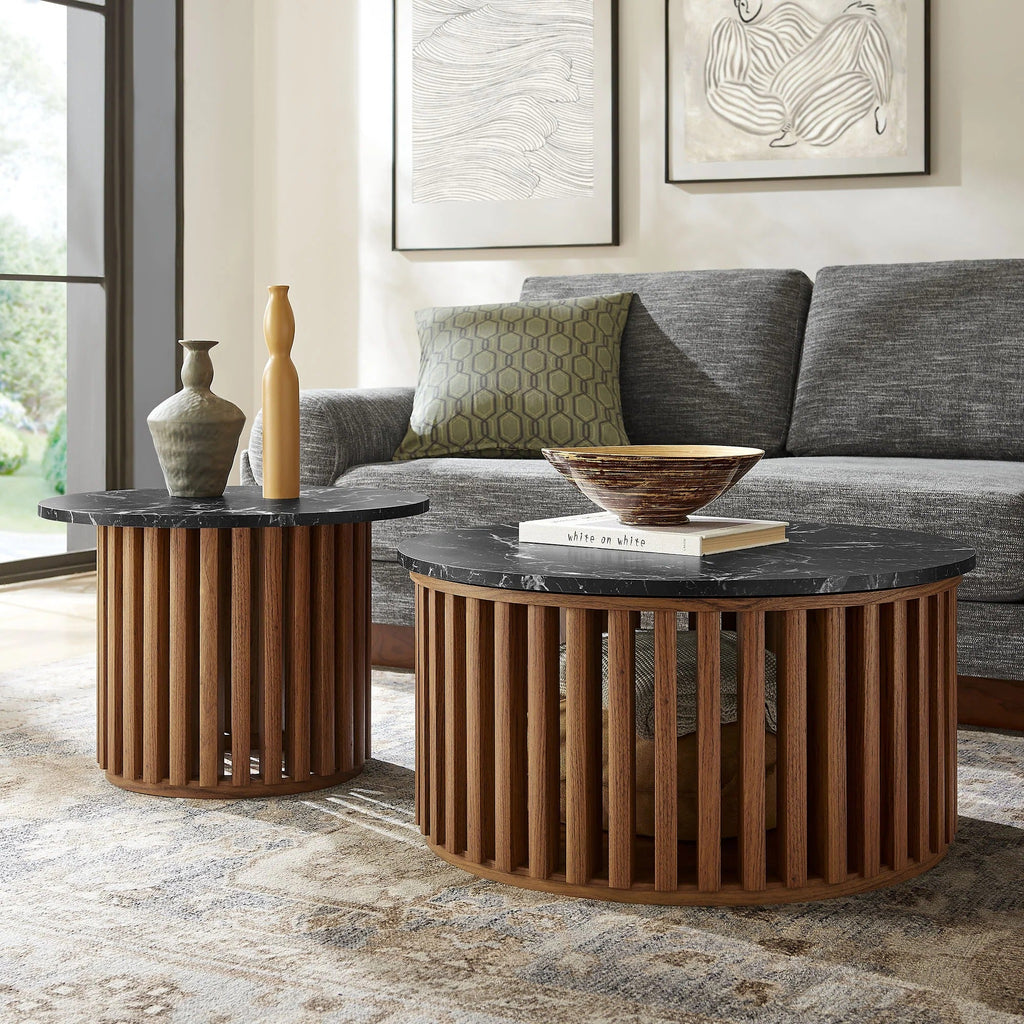 Fortitude Round Faux Marble Top Nesting Coffee Table Set in Walnut Black