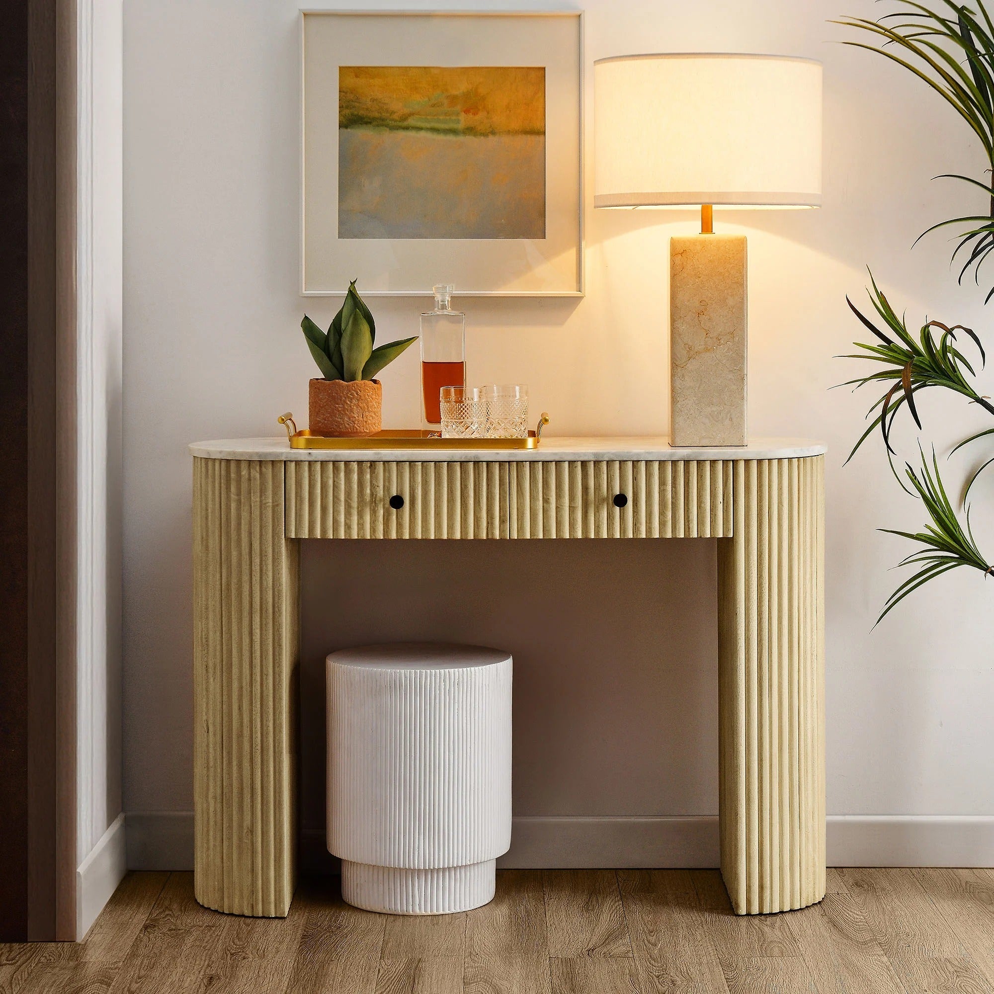 Caldera 42" Curved Solid Wood and Marble Console Table in Natural