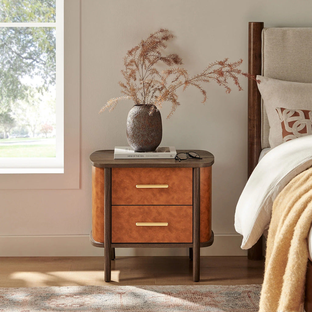 Coralie 2-Drawer Curved Vegan Leather Nightstand in Walnut Tan