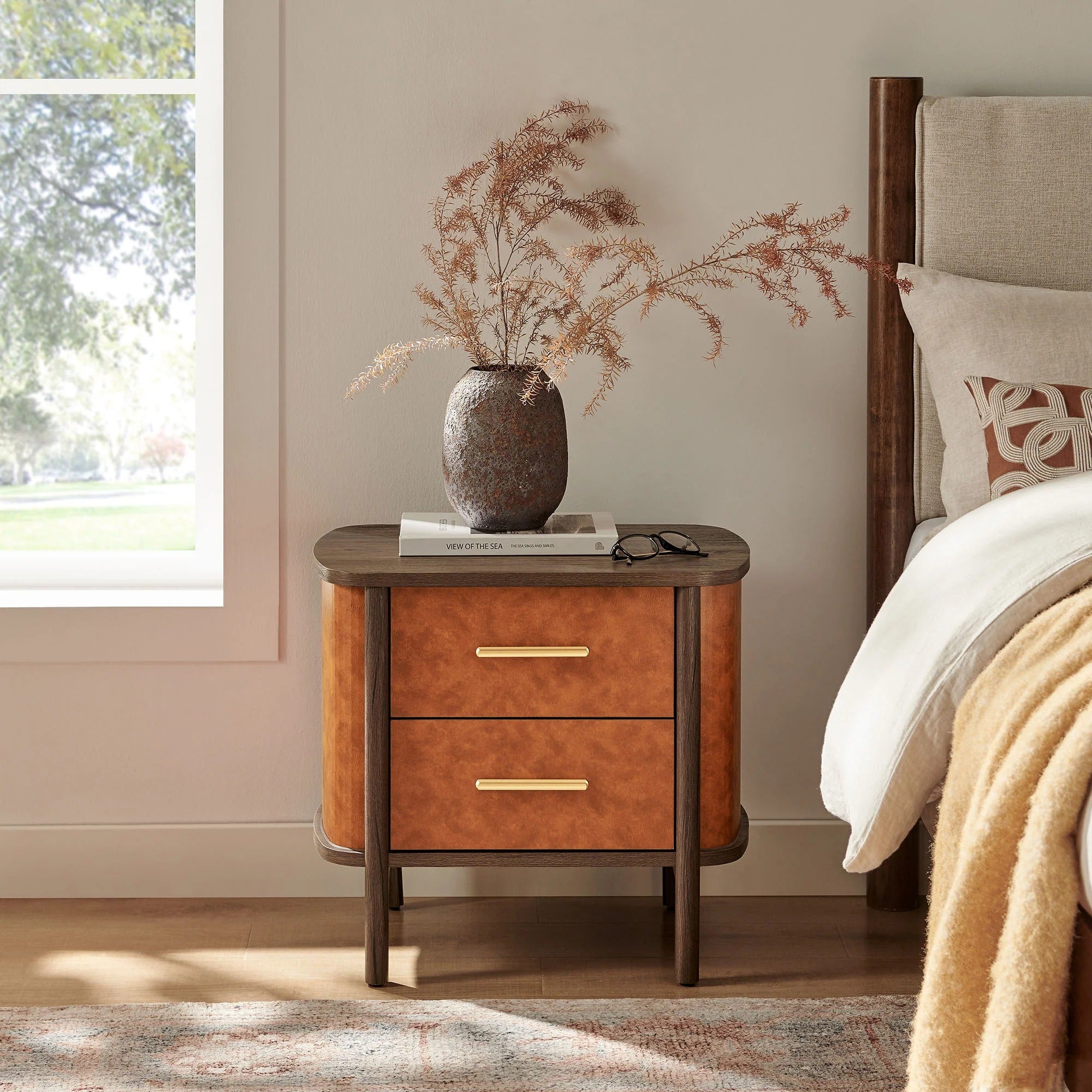 Coralie 2-Drawer Curved Vegan Leather Nightstand in Walnut Tan
