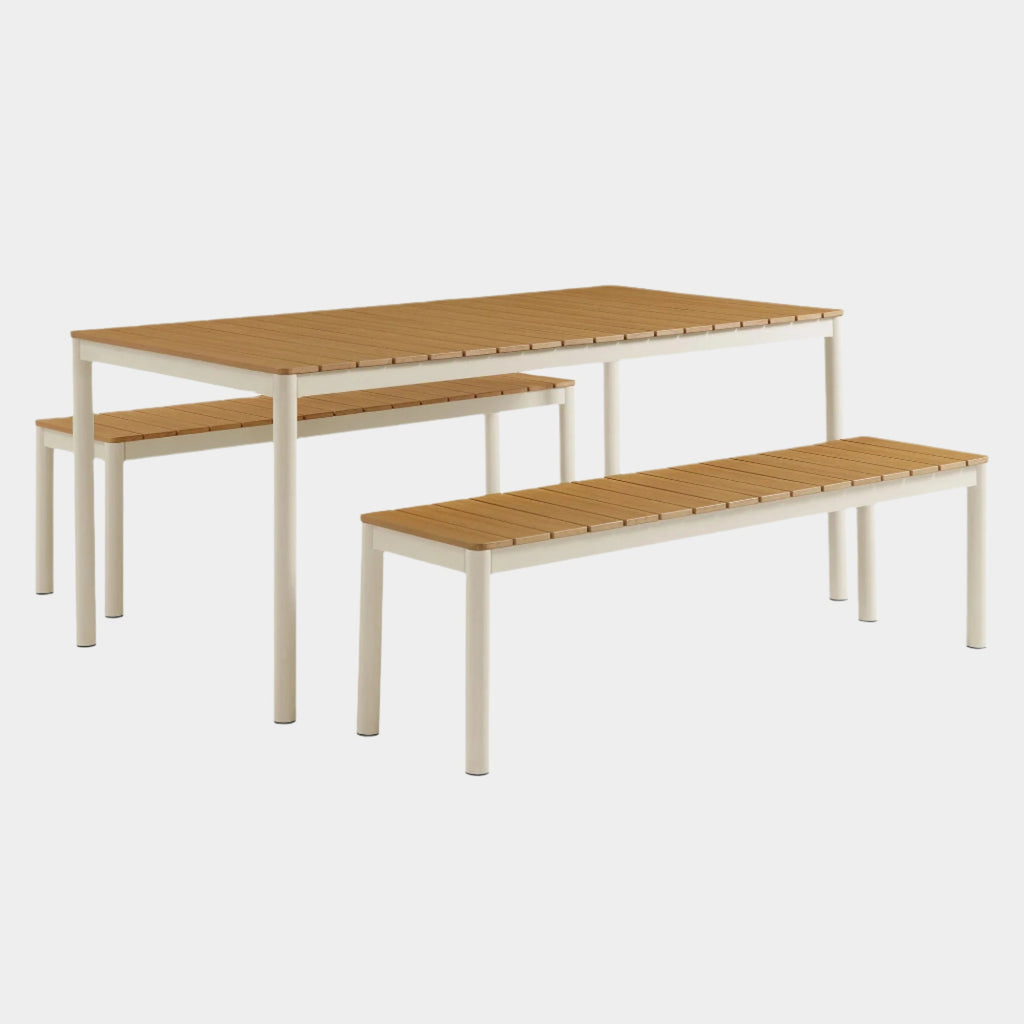 Finn Outdoor Patio Aluminum Faux Wood Dining Set with Benches in Natural