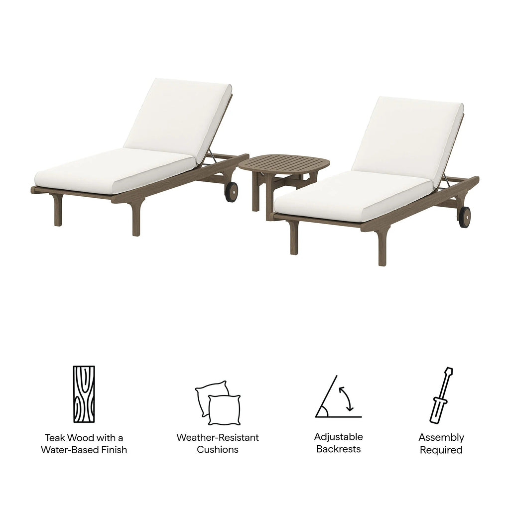 Saratoga Outdoor Teak Wood 3-Piece Chaise Lounge