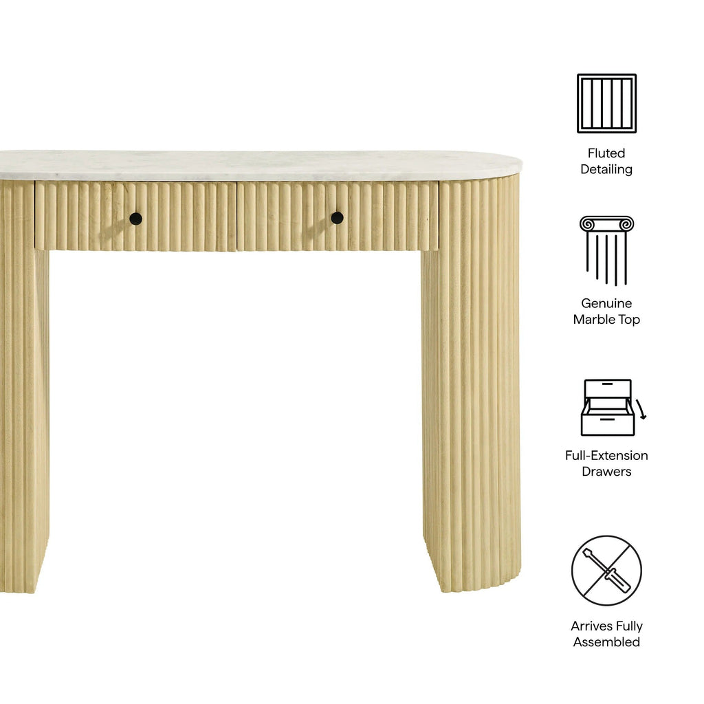 Caldera 42" Curved Solid Wood and Marble Console Table in Natural