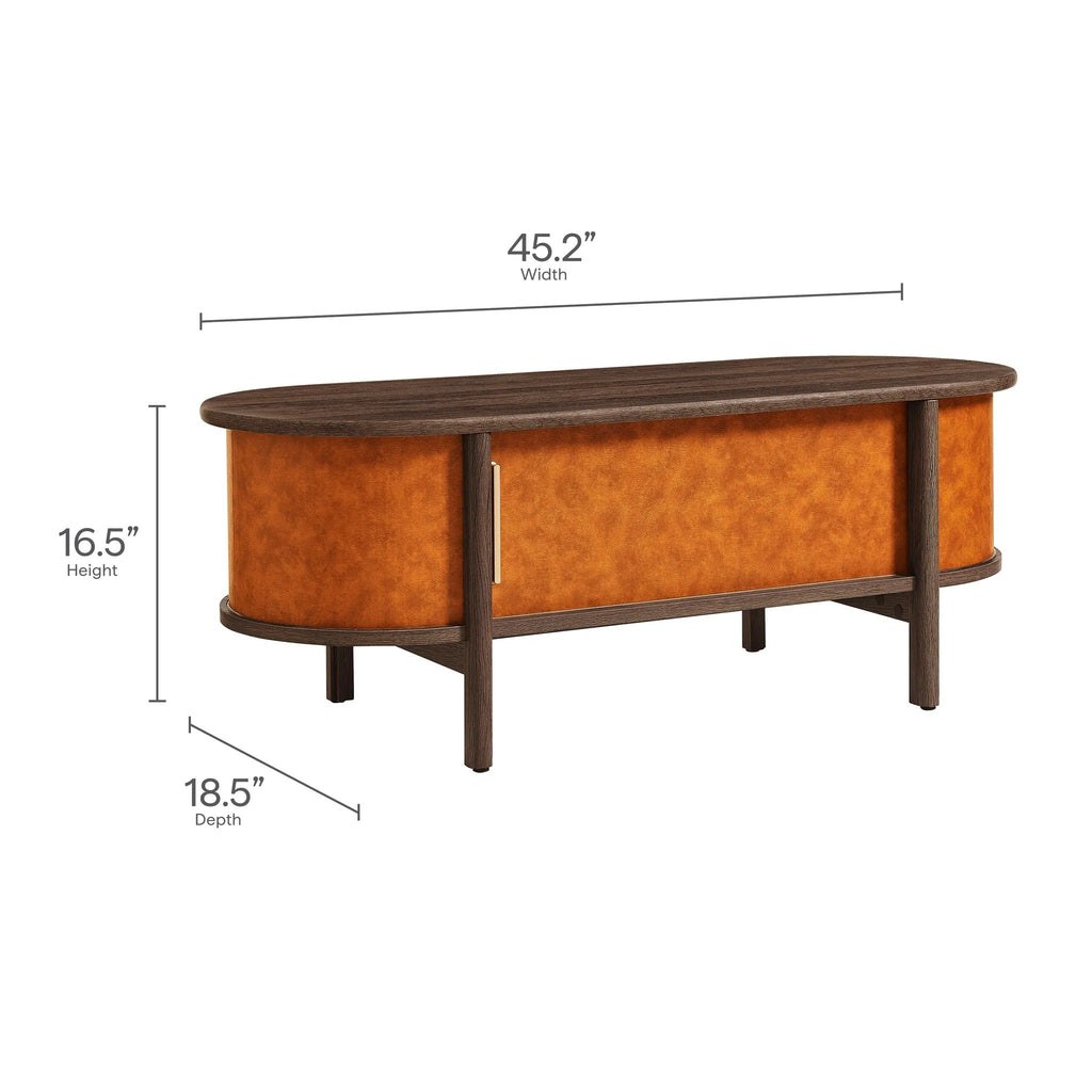 Coralie Curved Vegan Leather Oval Coffee Table in Walnut Tan