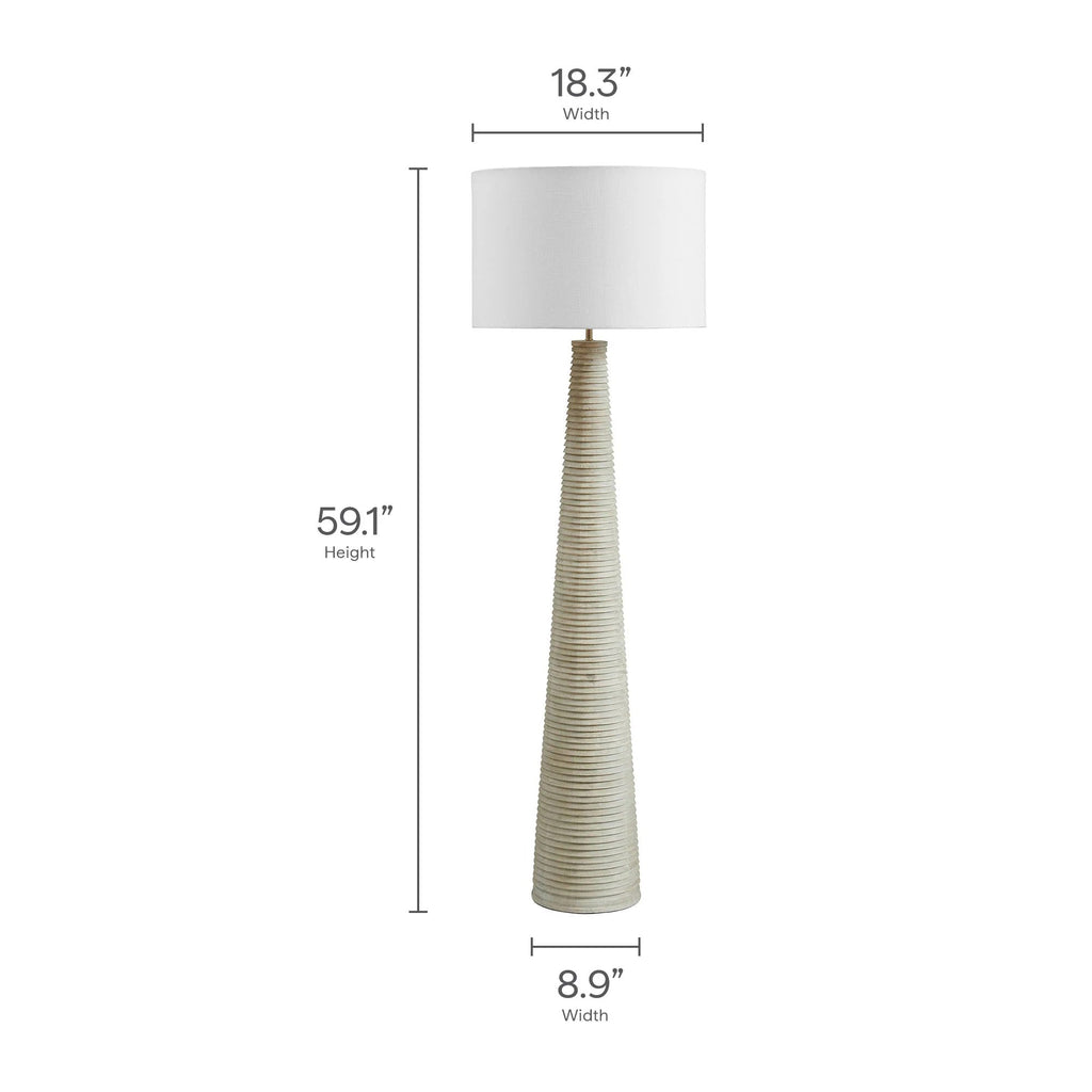 Saylor Carved Ribbed Wood Floor Lamp With Drum Shade in White Gray