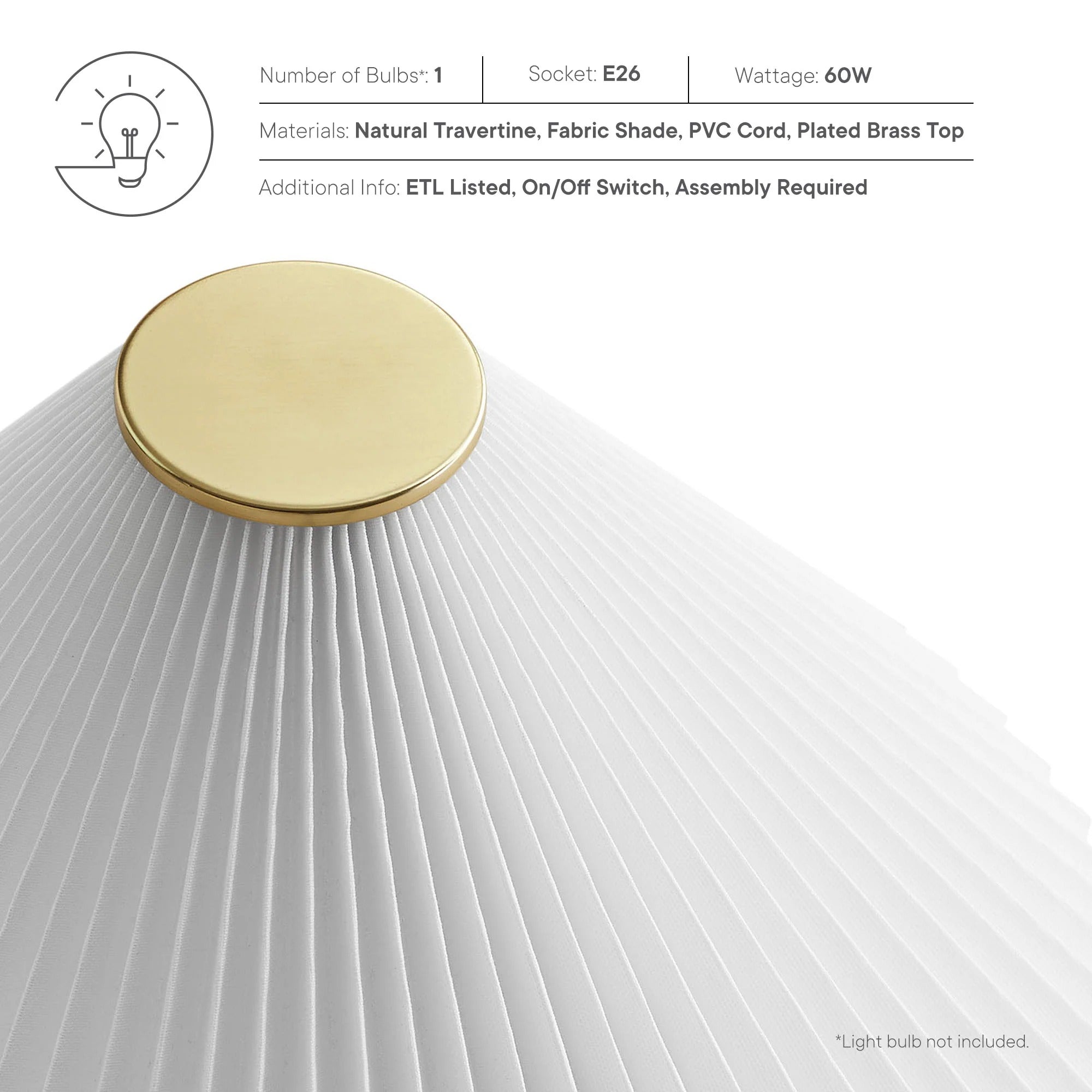 Cove Travertine Table Lamp With Pleated Shade in Travertine