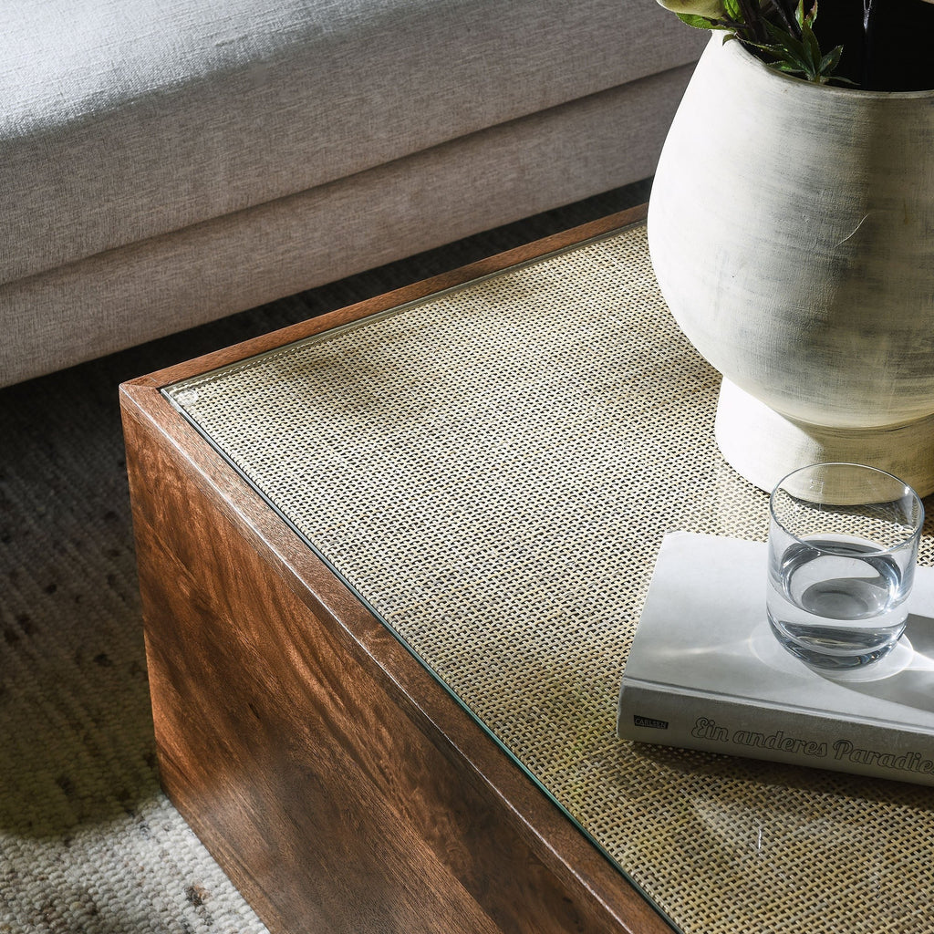 Truett Square Wood Rattan Coffee Table in Walnut