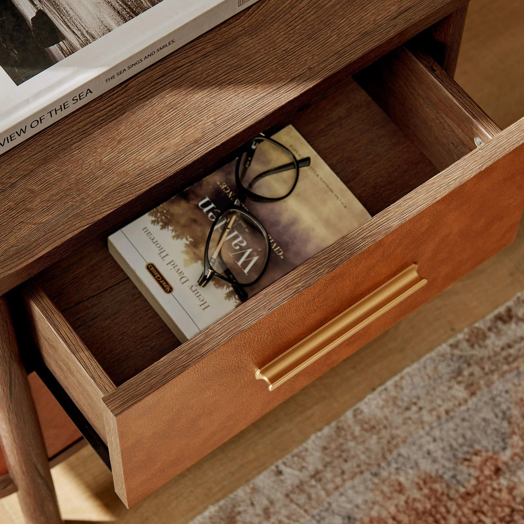 Coralie 2-Drawer Curved Vegan Leather Nightstand in Walnut Tan