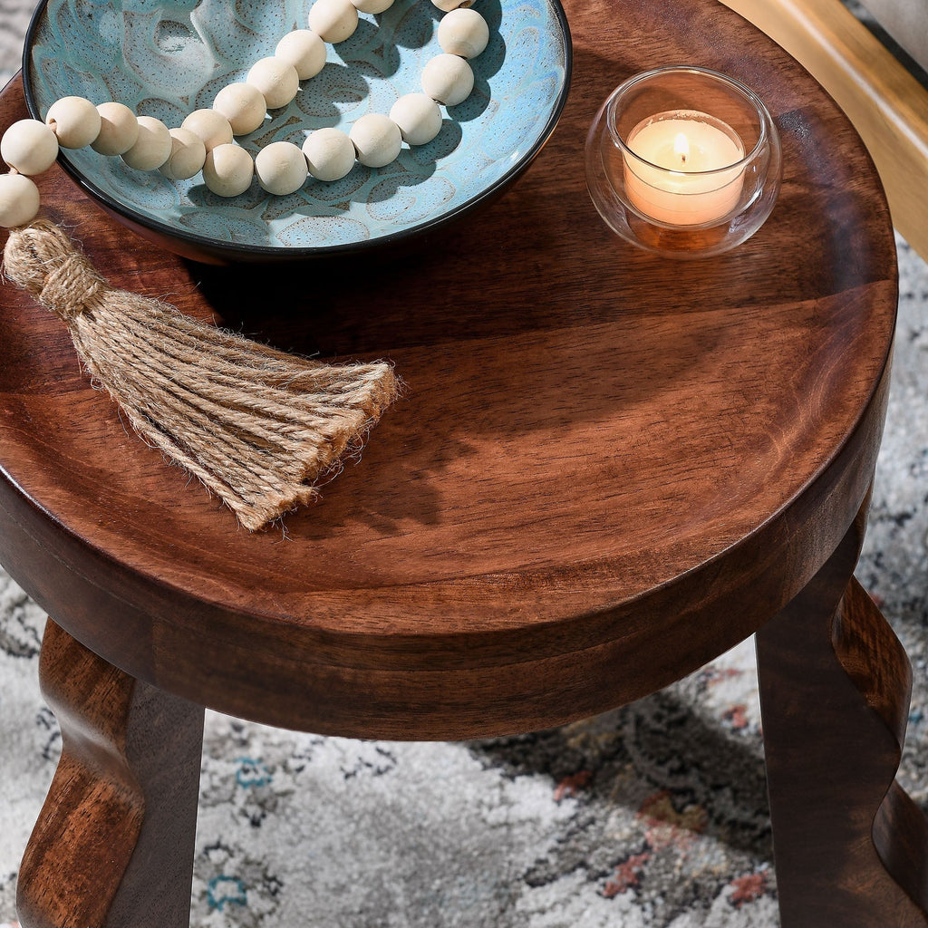 Sorrel Carved Wood Stool in Walnut