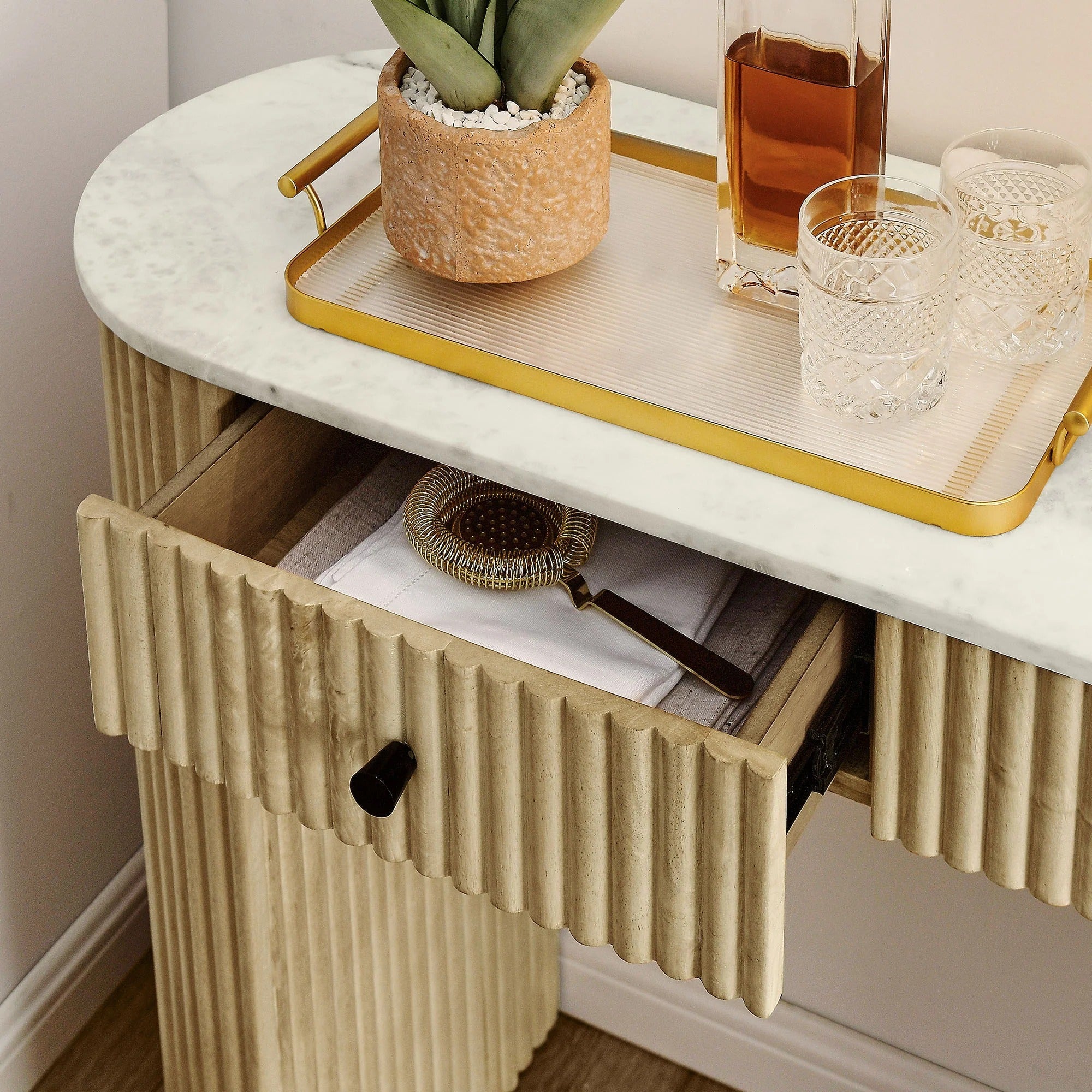 Caldera 42" Curved Solid Wood and Marble Console Table in Natural