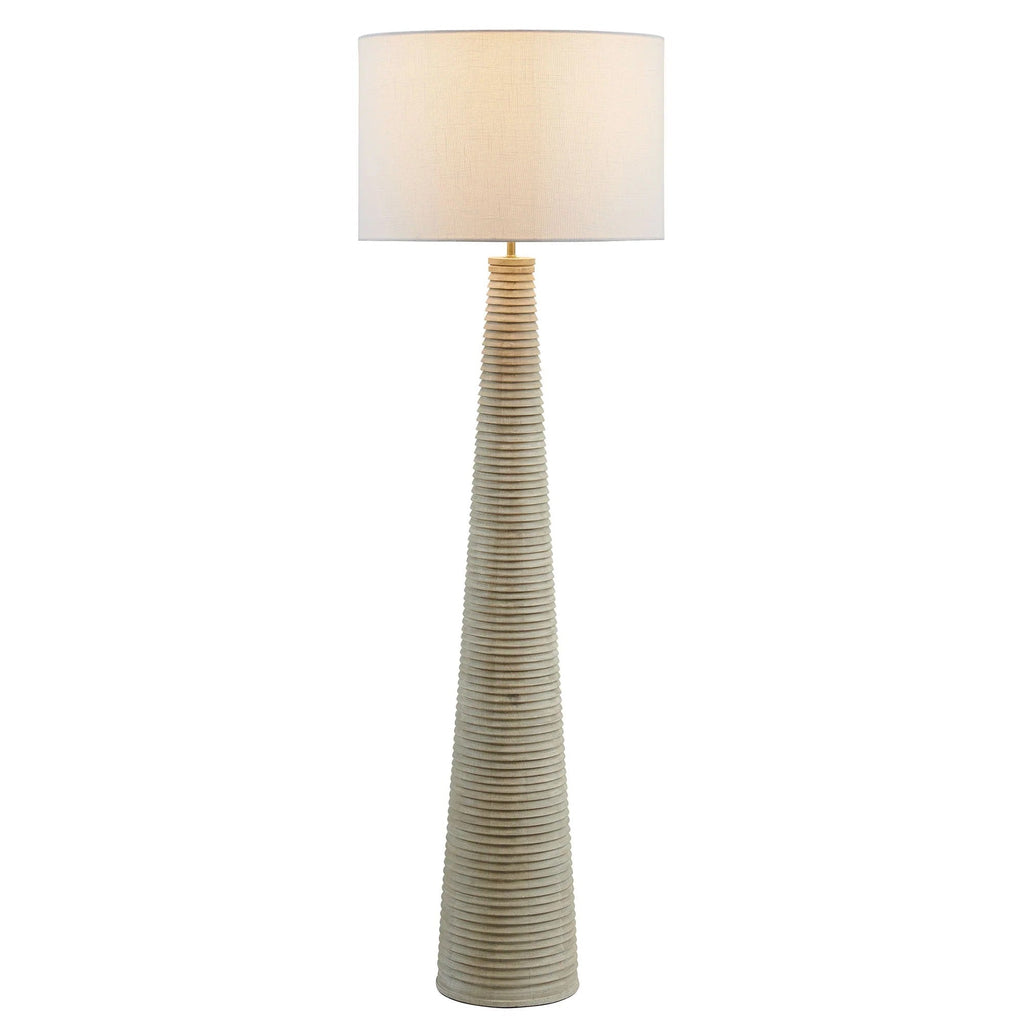 Saylor Carved Ribbed Wood Floor Lamp With Drum Shade in White Gray