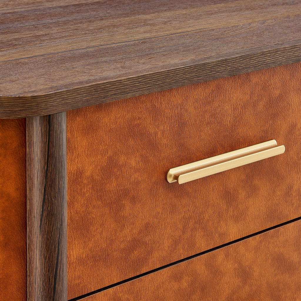 Coralie 2-Drawer Curved Vegan Leather Nightstand in Walnut Tan